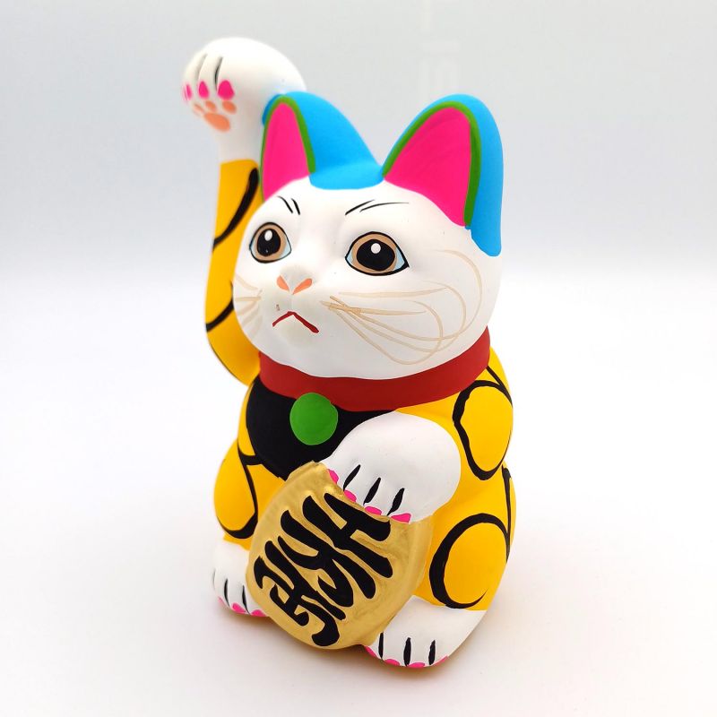 Grande gatto portafortuna giapponese manekineko, KI KARAKUSA, giallo e arabeschi