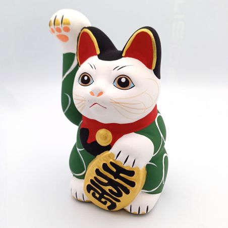 Große japanische Manekineko-Glückskatze, KI KARAKUSA, grün und Arabesken