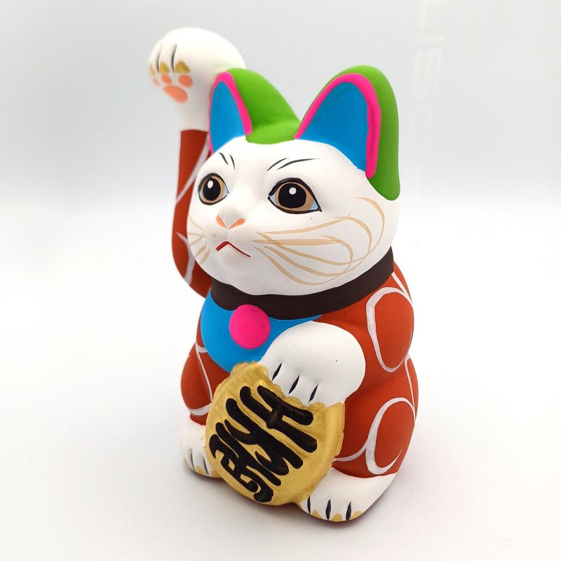 Large Japanese lucky cat manekineko, KI KARAKUSA, red and arabesques