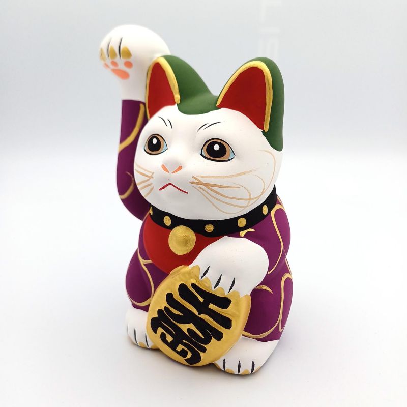 Large Japanese lucky cat manekineko, KI KARAKUSA, purple and arabesques