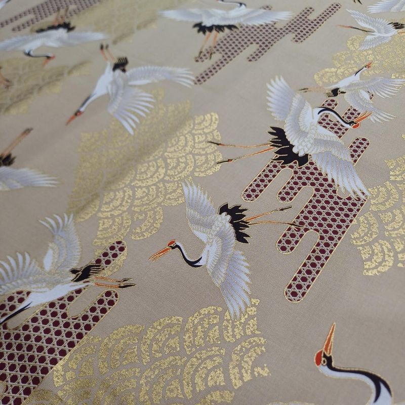 Beige Japanese cotton fabric, crane and clouds pattern, TSURU KUMO NAMI, made in Japan width 112 cm x 1m