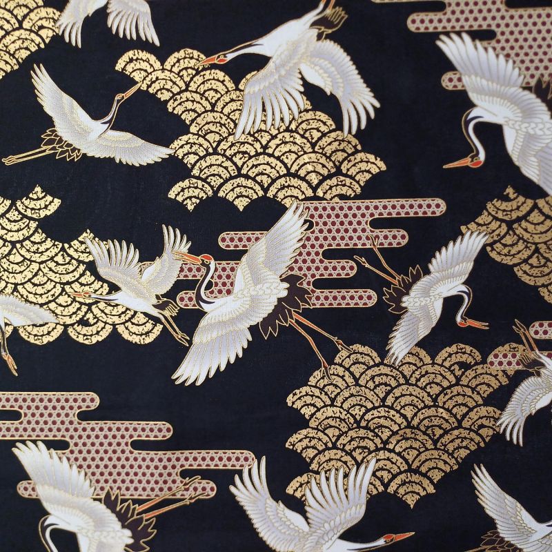 Japanese black cotton fabric, crane and clouds pattern, TSURU KUMO NAMI, made in Japan width 112 cm x 1m