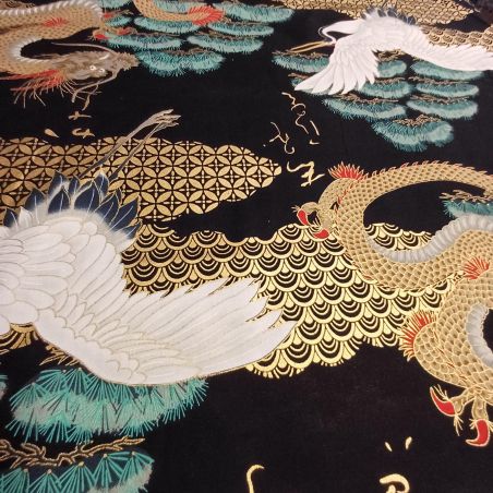 Japanese black/gold cotton fabric, pine and dragon pattern, RYU MATSU, made in Japan width 112 cm x 1m