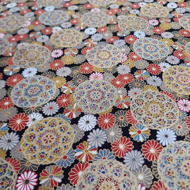 Black Japanese cotton fabric, chrysanthemum flower pattern, Kiku, made in Japan width 112 cm x 1m