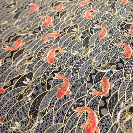 Japanese black cotton fabric, carp pattern, NAMI Koï, made in Japan width 112 cm x 1m