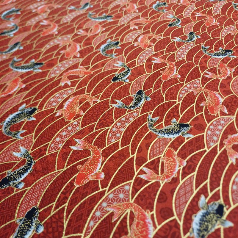 Japanese red cotton fabric, carp pattern, NAMI Koï, made in Japan width 112 cm x 1m