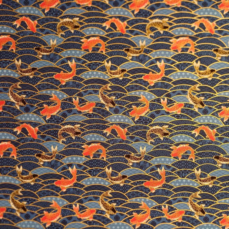 Blauer japanischer Baumwollstoff, Karpfenmuster, NAMI Koï, hergestellt in Japan, Breite 112 cm x 1 m