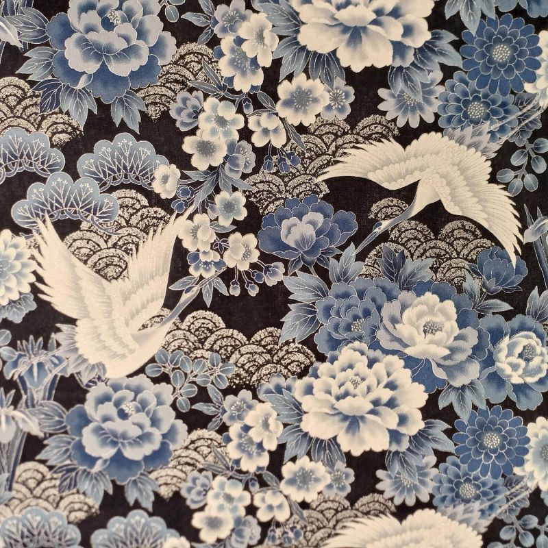 Japanese blue cotton fabric, crane pattern, TSURU HANA MATSU, made in Japan width 112 cm x 1m