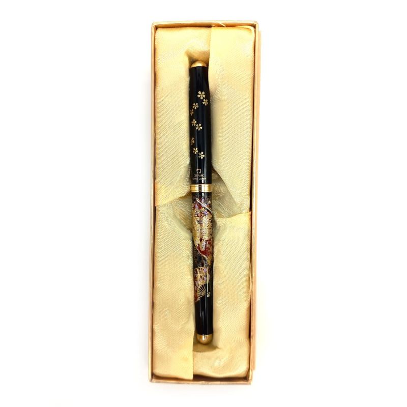 Japanese black resin ballpoint pen in a fan pattern box - FAN