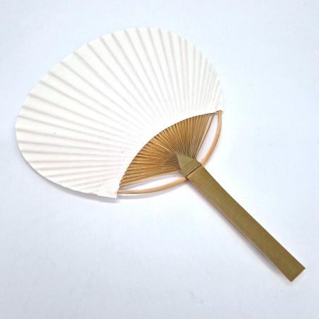 Éventail japonais non pliant uchiwa en papier et bamboo, blanc, 31x21,5 cm