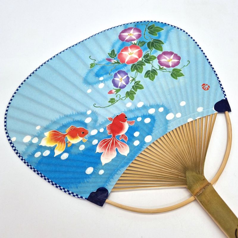 Ventaglio uchiwa giapponese non pieghevole in carta e bambù, motivo Ipomoea e pesci rossi, 31x21,5 cm