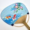 Éventail japonais non pliant uchiwa en papier et bamboo Motif Ipomoea et poisson rouge, 31x21,5 cm