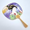 Japanese non-folding uchiwa fan in paper and bamboo Geisha pattern, SUMI, 26cm