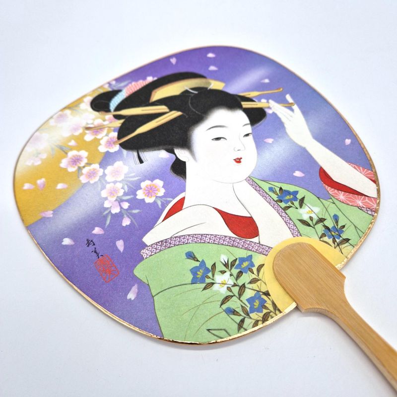 Abanico japonés uchiwa no plegable con motivo Geisha de papel y bambú, SUMI, 26 cm