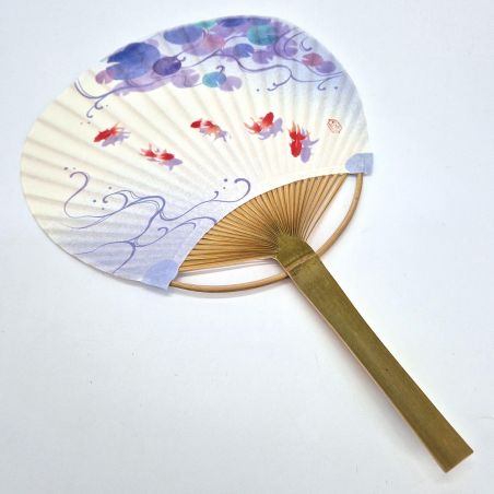 Japanese non-folding uchiwa fan in paper and bamboo with goldfish motif, GOLDFISH, 31x21.5 cm