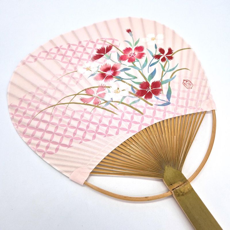 Abanico japonés uchiwa no plegable de papel y bambú con estampado de flores, HANA, 38x24,5 cm