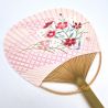 Japanese non-folding uchiwa fan in paper and bamboo with flower pattern, HANA, 38x24.5 cm