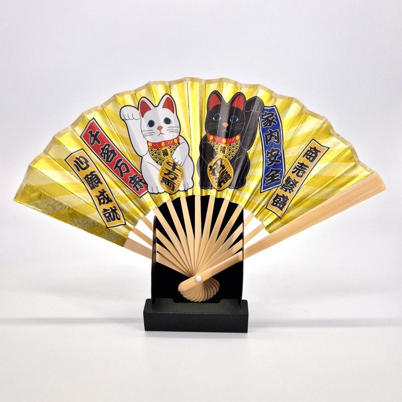 Abanico japonés en papel y bambú decorativo, Manekineko