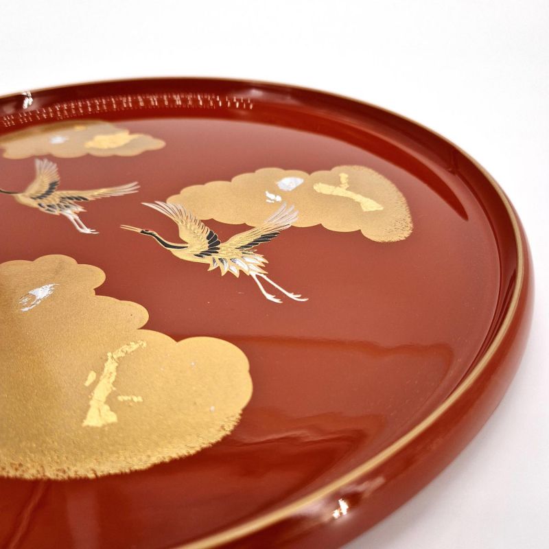 Round tray in red lacquered effect with crane and cloud motif - KISSHO TSURU 1