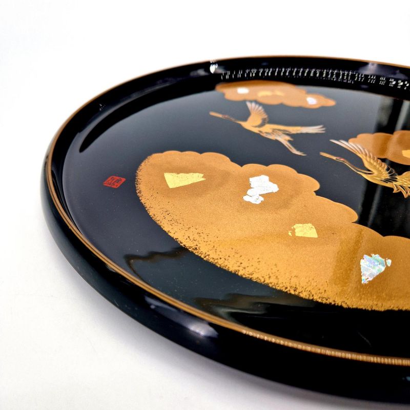 Round tray with red-brown lacquered effect Crane and cloud - KISSHO TSURU 2