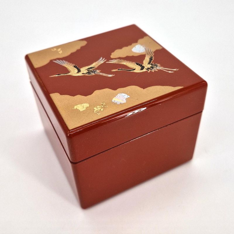 Red Japanese Resin Storage Box with Mirror Japanese Crane Pattern, KISSHO TSURU