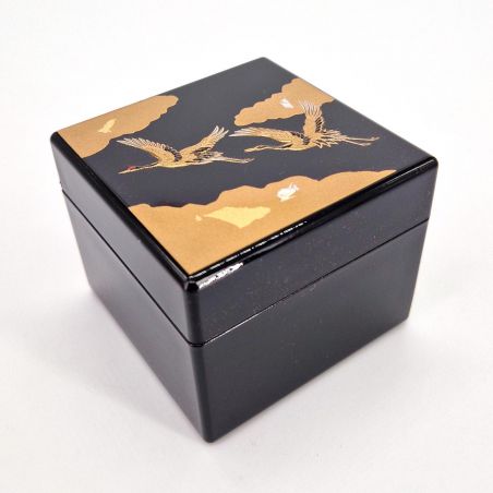 Japanese Black Resin Storage Box with Mirror Japanese Crane Pattern, KISSHO TSURU 1