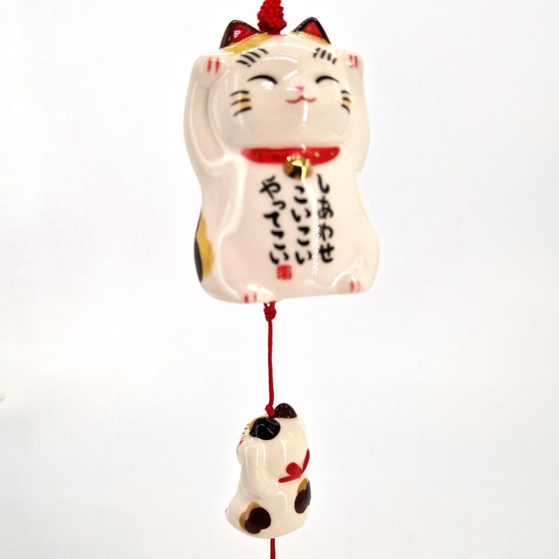 Campana del vento in ceramica a forma di manekineko, Felicità - SHIAWASE