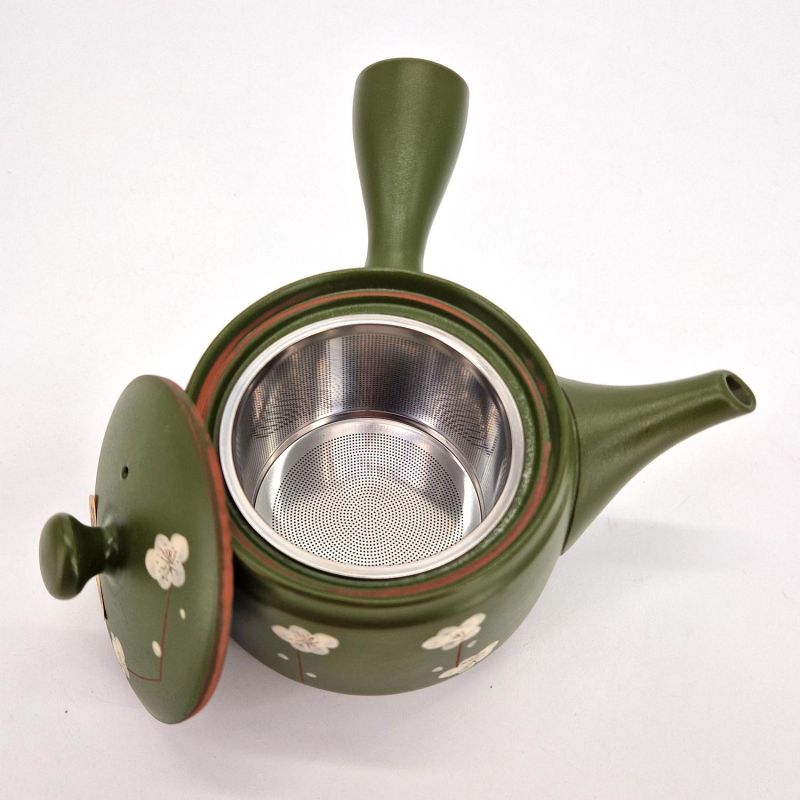 Japanische Kyusu-Teekanne aus brauner und grüner Keramik, Sakura, 0,370 l