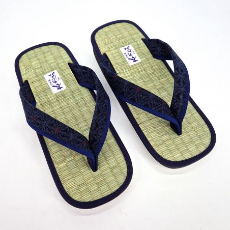 Japanese zori sandals made of Goza rice straw, blue star pattern, AO ASANOHA,