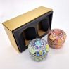 Duo of round Japanese tea boxes, blue and pink, SUZUKO MALINE, 150gr