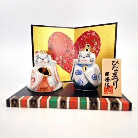 couple de chats japonais mariés en céramique - MANEKINEKOHINA DOLL - 6 cm