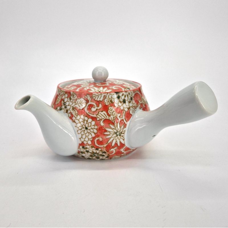 Teiera in ceramica giapponese kyusu, bianca con fiori rosa, PINKU NO HANA