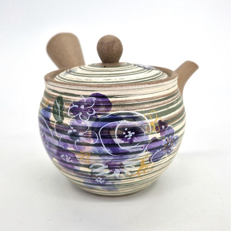 Théière kyusu japonaise en terre grise motif fleurs violettes, Murasaki no hana, 420 cc