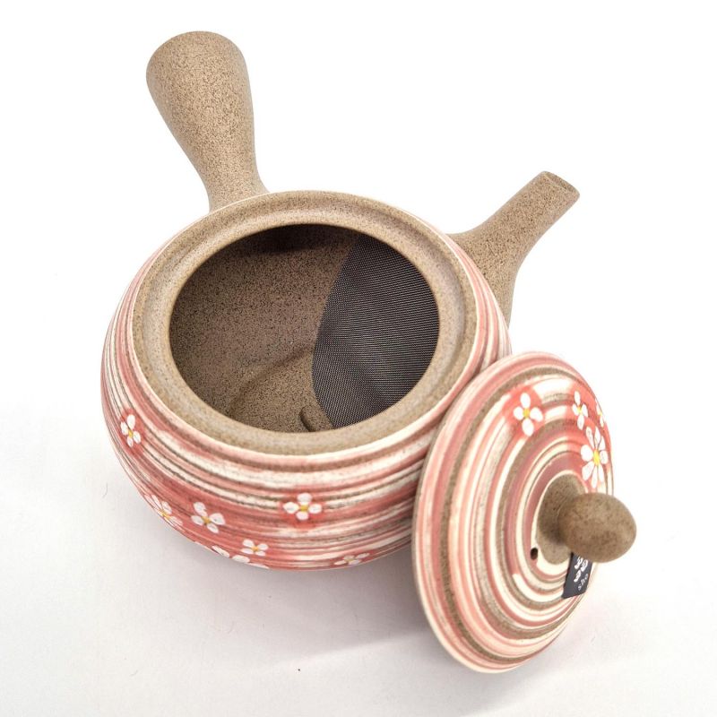 Teiera giapponese kyusu in terra grigia con motivo floreale rosa, Pinku no hana, 410 cc