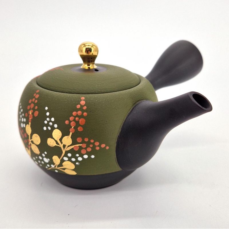 Théière kyusu japonaise en terre tokoname noire et vert motif fougères, SHIDA, 320 cc