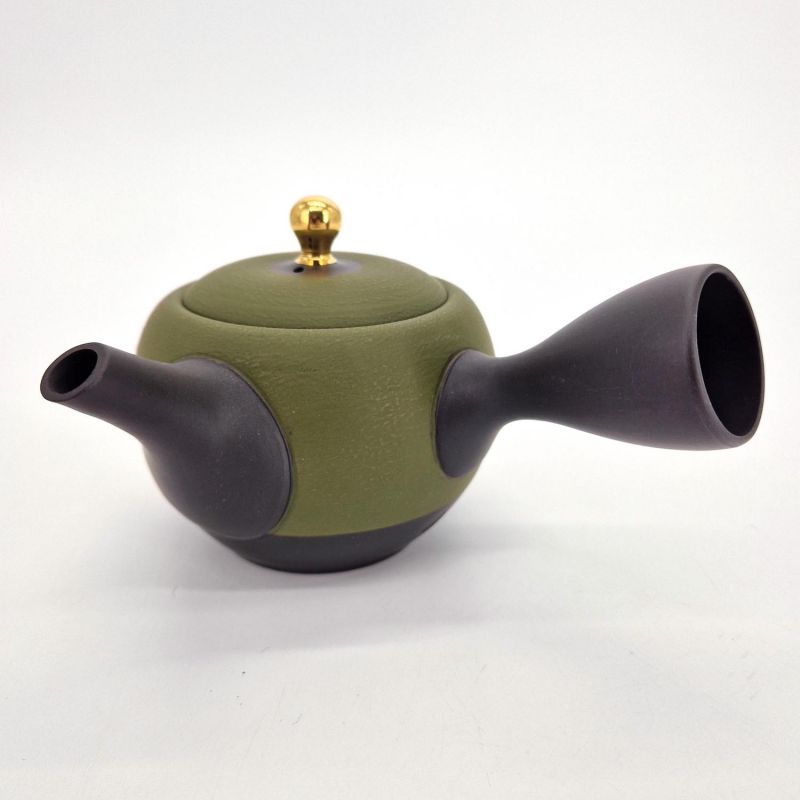 Tetera japonesa kyusu en tierra tokoname negra y verde con estampado de helechos, SHIDA, 320 cc