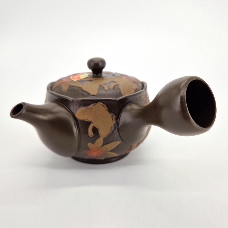 Japanese kyusu teapot in black tokoname clay with GINKGO MOMIJI pattern, 280 cc