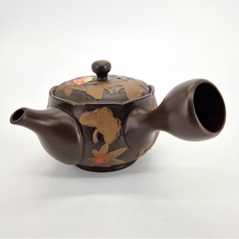 Japanische Kyusu-Teekanne aus schwarzem Tokoname-Ton mit GINKGO MOMIJI-Muster, 280 cm³