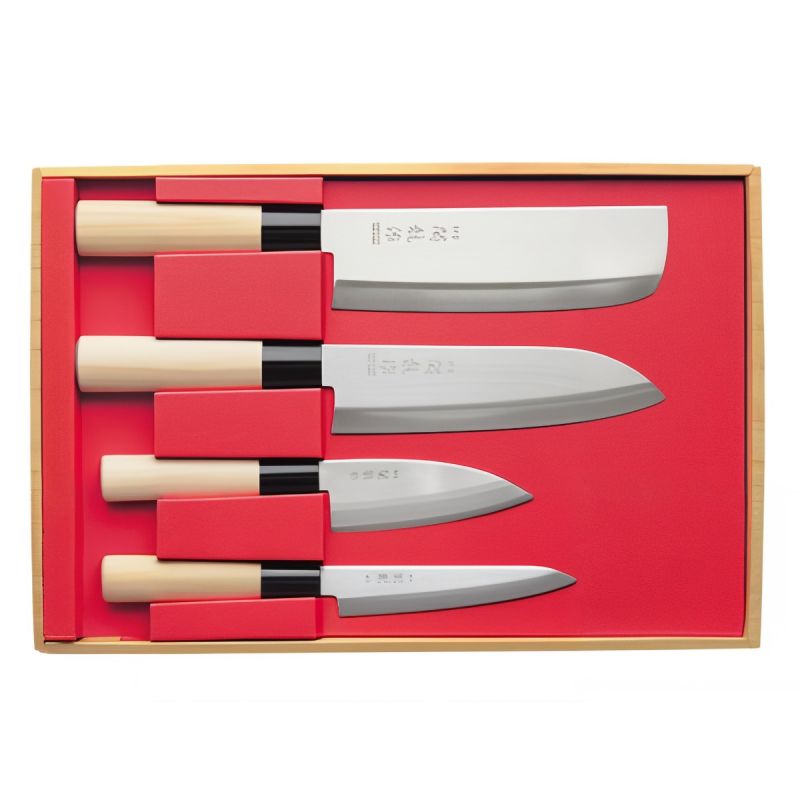 Schachtel mit 4 japanischen Santoku Nakiri Sashimi Deba-Messern - SEKIRYU