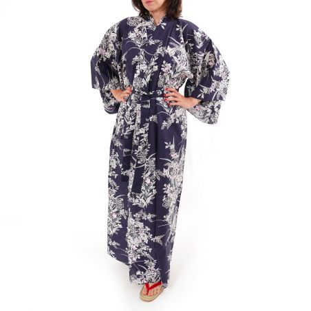 Japanese traditional blue cotton yukata kimono with lily flower pattern for women, YUKATA YURI