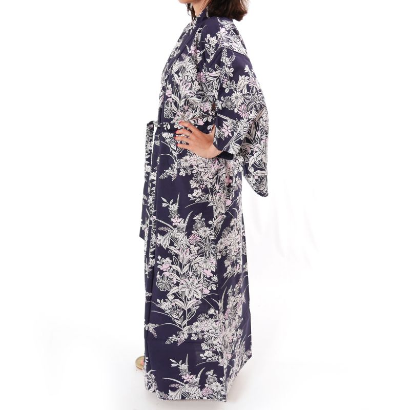 Kimono yukata traditionnel japonais bleu en coton motif fleurs de lys pour femme, YUKATA YURI