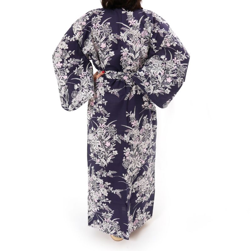 Kimono yukata traditionnel japonais bleu en coton motif fleurs de lys pour femme, YUKATA YURI