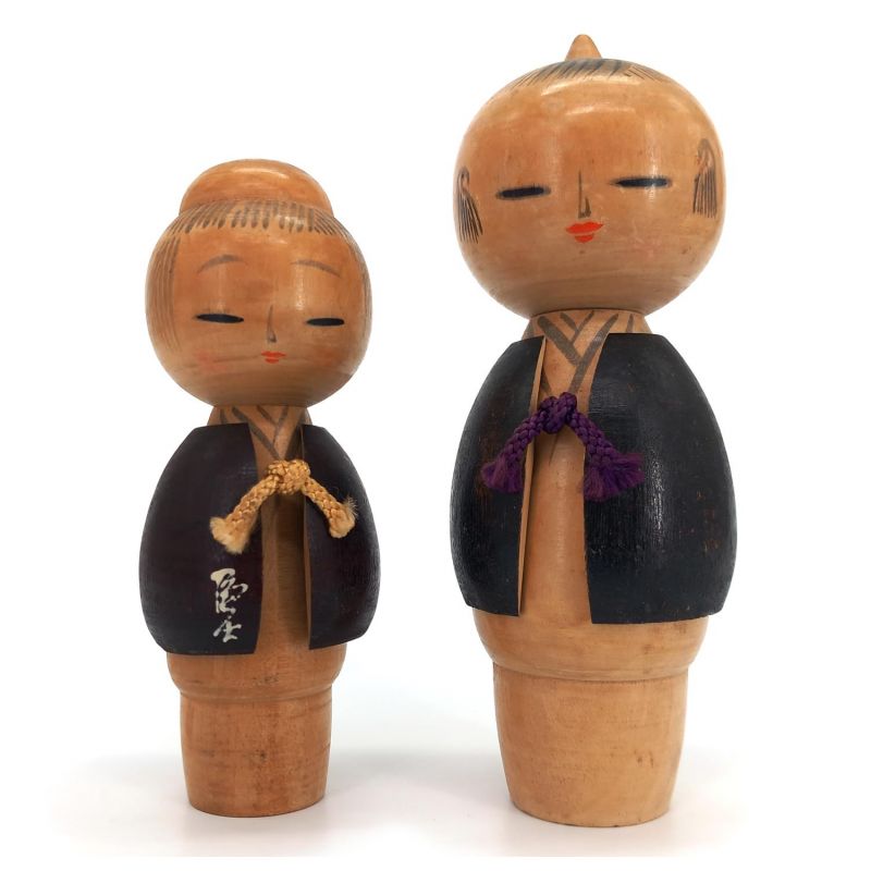 Dúo de muñecas japonesas de madera, KOKESHI VINTAGE, 15 y 13 cm