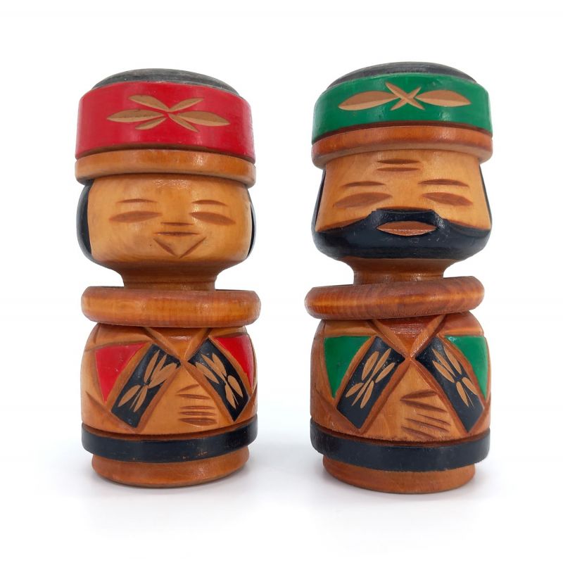 Duo di bambole giapponesi in legno, AINU KOKESHI VINTAGE, 12,5 cm