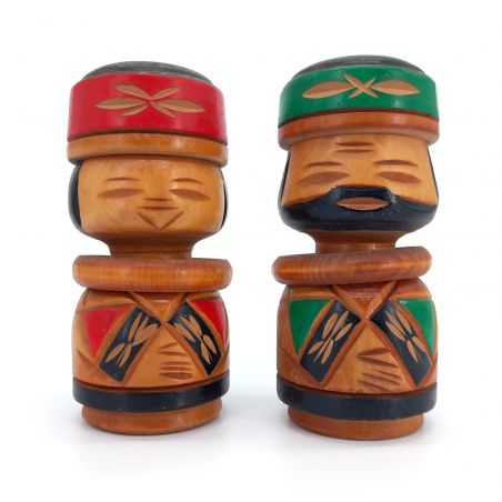 Dúo de muñecas japonesas de madera, AINU KOKESHI VINTAGE, 12,5 cm