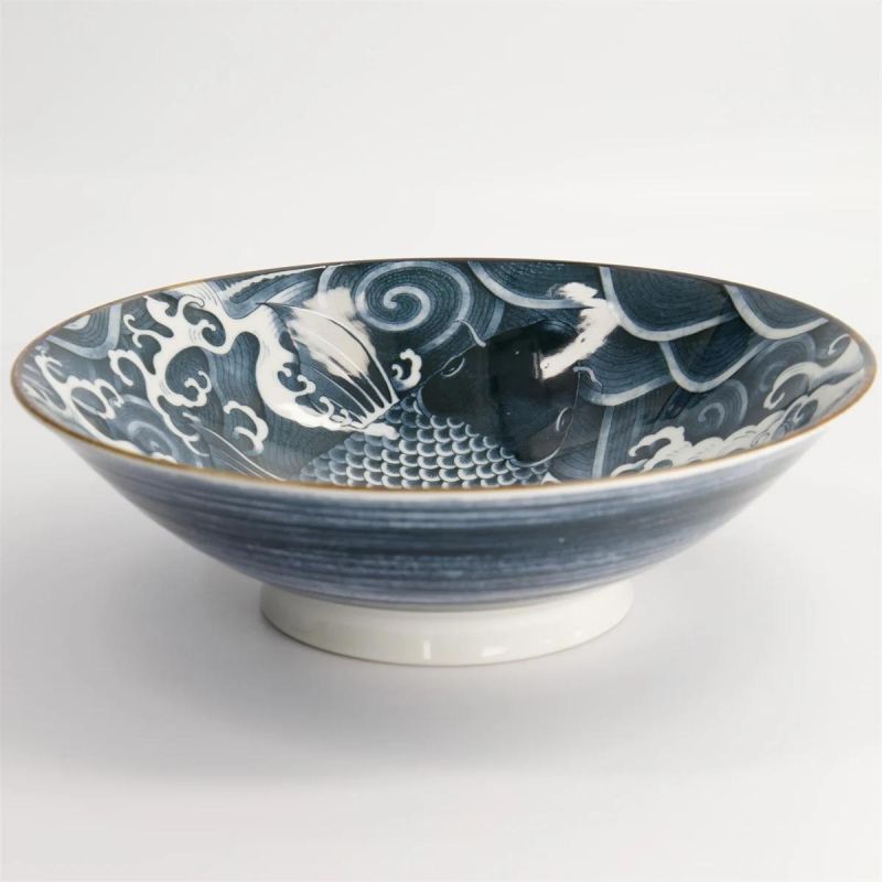 Black flared Japanese ceramic bowl, KOI, carp.