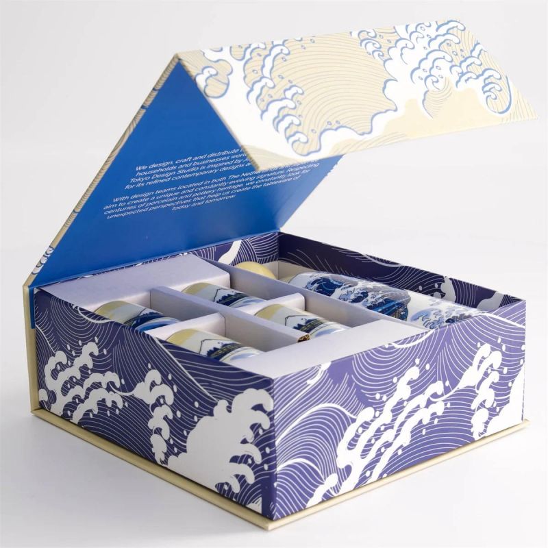 Sake set with one bottle and 4 cups, KANAGAWA URANAMI, wave