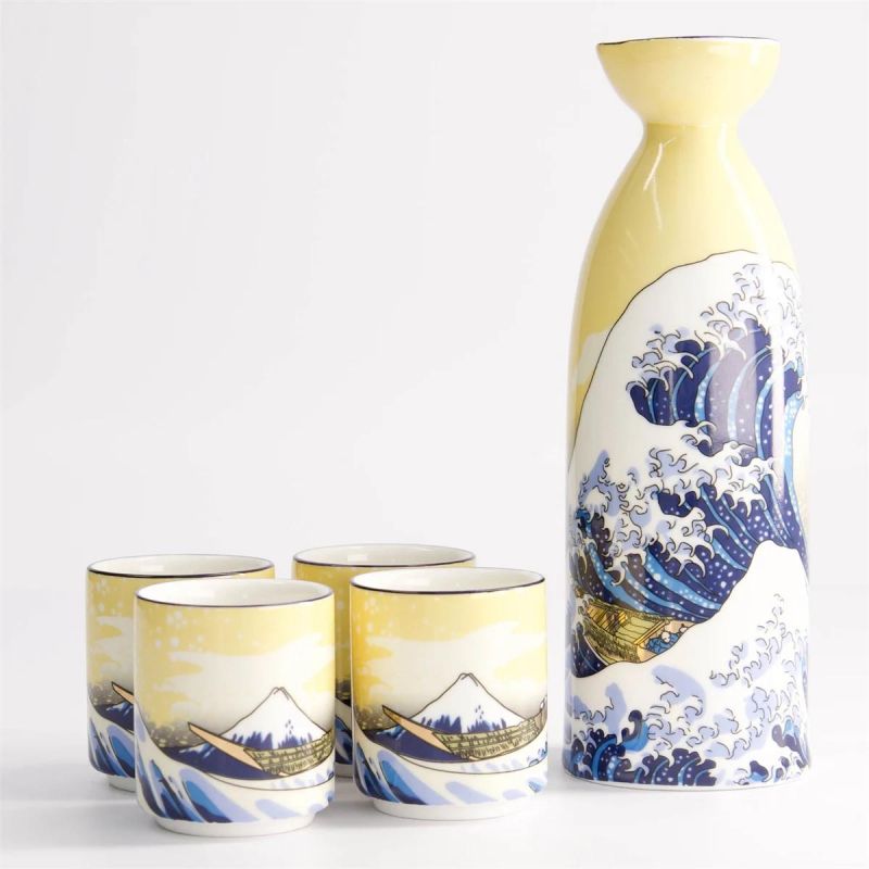 Sake set with one bottle and 4 cups, KANAGAWA URANAMI, wave