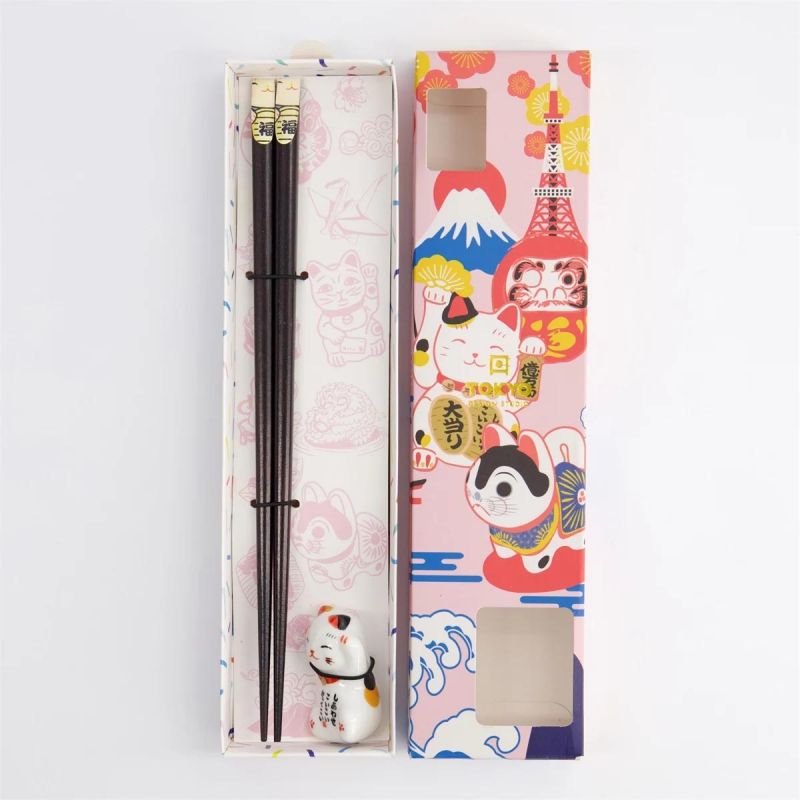 White Tokyo chopsticks gift box with Lucky Cat rest