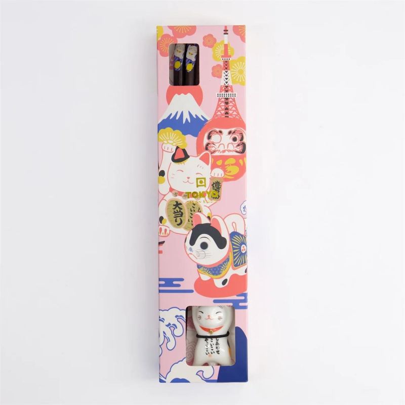 Coffret cadeau baguettes Tokyo bleu avec repose Lucky Cat